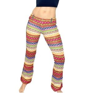 Boho retro 70s style stretchy knit zig zag multi colour low rise flare pants S